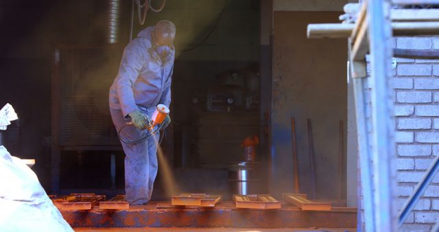 Industrial Worker Wearing Protective Gear Operating Spray Paint Gun - Download Free Stock Images Pikwizard.com