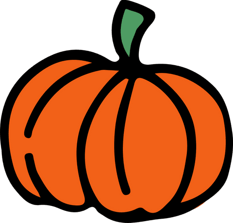 Cartoon orange pumpkin with green stem on transparent background
