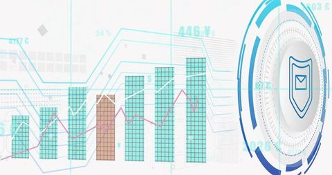 Futuristic security dashboard showing bar chart with magenta trend line and hud shield