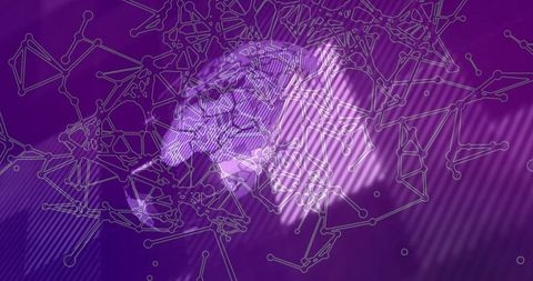 Futuristic Brain Mesh with Network Nodes on Purple Background