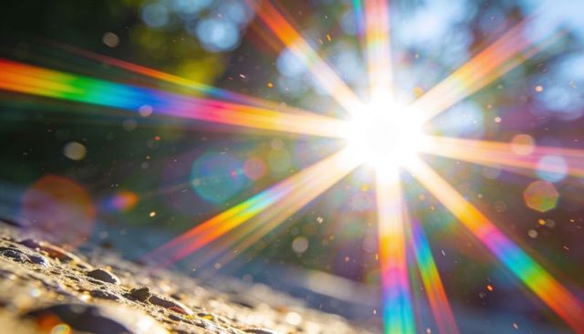 Sunburst creating rainbow flares over pebbly sand with colorful bokeh dust