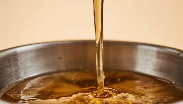Golden syrup pouring into stainless steel bowl with glossy ripples and liquid texture