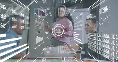 Female Leader Presenting Augmented Reality Data Overlays in Modern Boardroom Collaboration