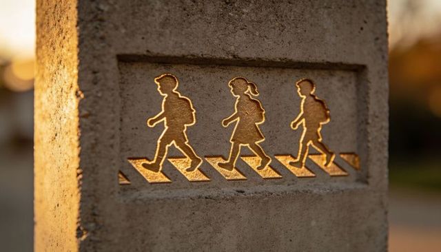 Golden backlit concrete cutouts of schoolchildren walking crosswalk at sunset