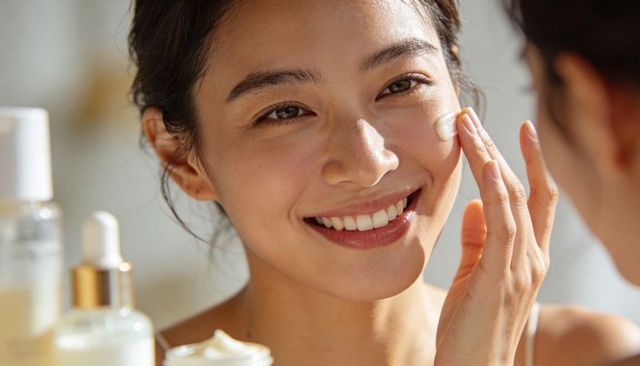 Smiling asian woman applying moisturizer at vanity for glowing natural skincare routine