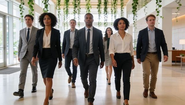 Confident diverse executive team walking through modern office atrium with hanging plants