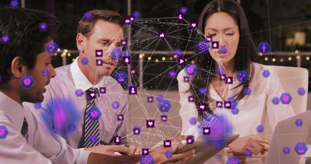 Business Team Discussing Digital Network in Office with Holographic Icons - Download Free Stock Images Pikwizard.com