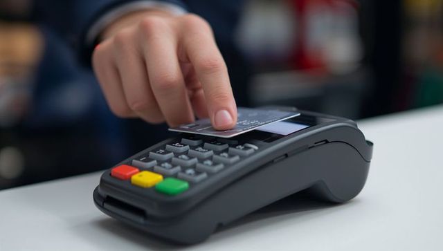 Tapping contactless card on pos terminal showing secure nfc payment at retail checkout