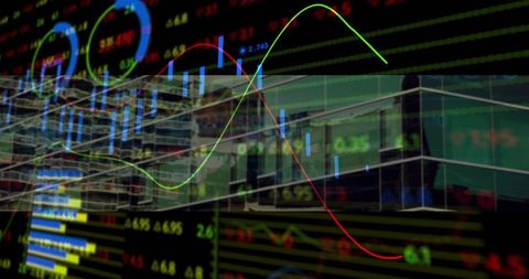 Market Chart Overlay on Urban Glass Structure with Trending Data Lines