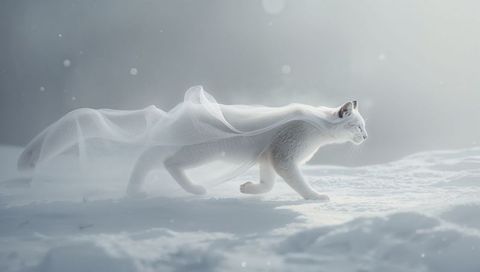 White cat wearing gossamer veil walking through snowy landscape with soft light