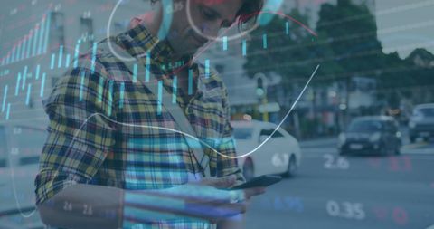 Businessman Analyzing Financial Data on Smartphone While Walking to Work