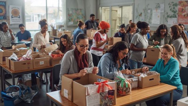 Volunteers packing care packages in community center emphasizing teamwork and diversity