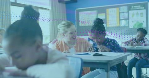 Teacher Guiding Student Reading Workbook in Bright Classroom for Literacy and Learning