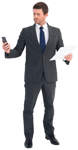 Businessman holding smartphone and documents staying transparent