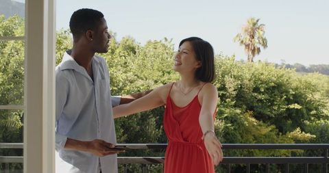 Couple enjoying romantic moment together outdoors