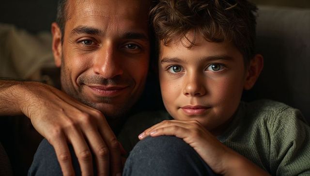 Father and son sharing warm intimate moment on sofa, closeup cozy living room portrait
