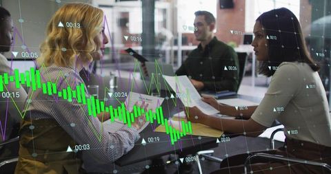 Business Team Discussing Financial Reports at Boardroom Table with Market Data Overlay