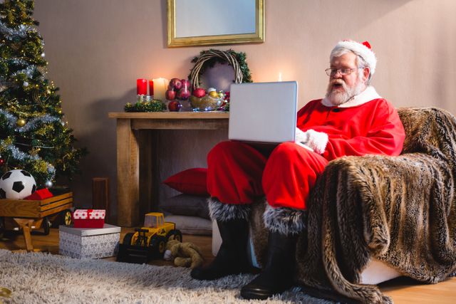 Santa Claus is sitting in a cozy living room, using a laptop. The room is decorated with Christmas ornaments, a tree, and presents. This image can be used for holiday marketing, festive greeting cards, or technology-related Christmas promotions.