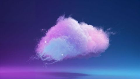Dreamy Pastel Cloud Floating Over Neon Gradient Background with Sparkling Light Particles