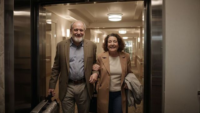 Senior couple walking out of elevator carrying luggage and coats, smiling together