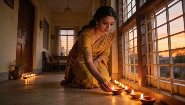 Indian woman lighting clay diyas in yellow saree on home corridor at sunset during diwali