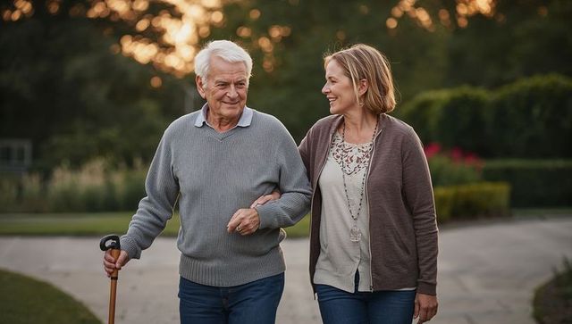 Older man and woman walking arm-in-arm in park at golden hour, using cane