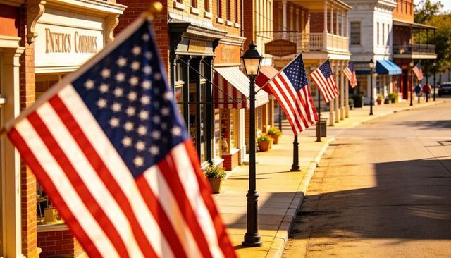 Small town main street lined with american flags at golden hour, historic downtown charm