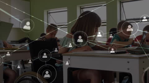 Children in Classroom with Digital Networking Icons Overlay