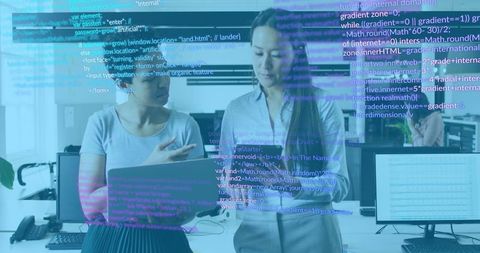 Diverse Professionals Discussing Data Over Digital Code Display