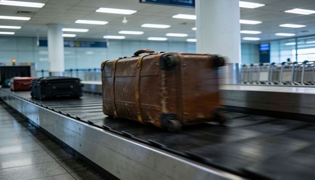 Worn leather suitcase rolling on baggage claim conveyor in modern airport terminal