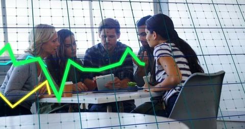 Team Analyzing Data on Tablet with Overlapping Graph Visuals