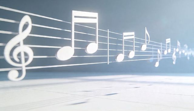 Floating white musical staff and notes stretching across minimalist studio floor