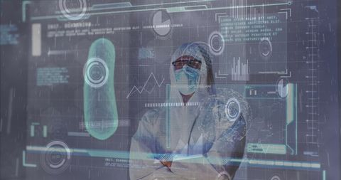 Scientist in ppe analyzing futuristic data screen