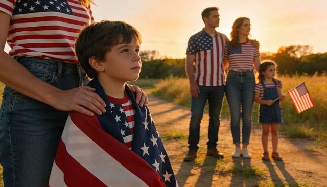 Family celebrating patriotism at sunset with boy wrapped in american flag
