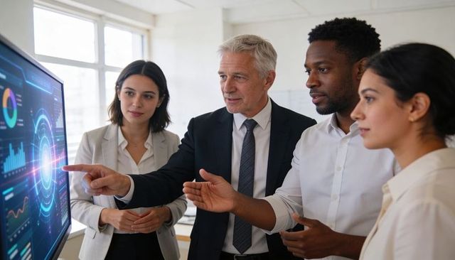 Senior executive leading diverse team analyzing interactive data dashboard on touchscreen