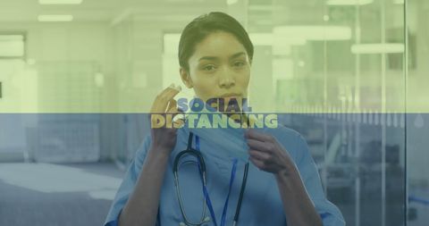 Healthcare Worker Wearing Mask Promotes Social Distancing During Pandemic