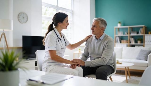 Home nurse comforting elderly man during compassionate medical home visit