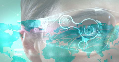 Woman Using Augmented Reality Glasses with World Map Interface