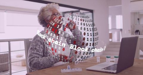 Elderly woman embracing modern technology with blockchain sphere