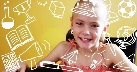 Smiling girl in coral sleeveless top sitting with white education doodles on yellow backdrop