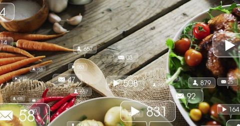 Rustic flatlay showing salad with roasted chicken, cherry tomatoes and social overlays