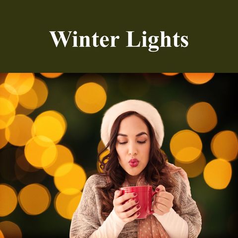A woman dressed in warm winter attire holds a mug of hot chocolate, with a background of sparkling holiday lights creating a bokeh effect. This image captures the essence of winter warmth and festivities, perfect for use in holiday marketing materials, cozy winter promotions, or Christmas-themed advertisements.