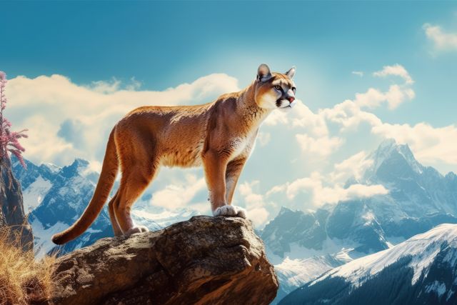 A majestic mountain lion stands atop a rocky outcrop, outdoor. Its gaze surveys the distant mountain peaks, embodying the wild essence of nature.