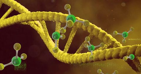 Conceptual Illustration of DNA Helix with Molecules on Vibrant Background