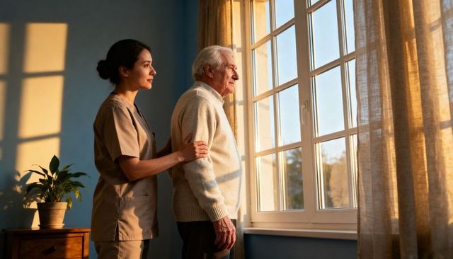 Caregiver supporting elderly man looking out sunlit window at home, compassionate caregiving