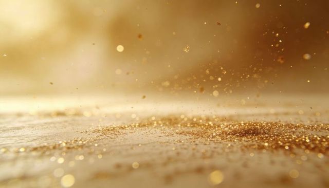 Shimmering gold glitter dust with warm bokeh macro closeup for luxury backgrounds