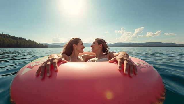 Sunlit women relaxing on red inflatable tube floating on calm mountain lake, smiling
