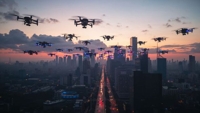 Hovering drone swarm illuminating city skyline at twilight over glowing multi-lane avenue