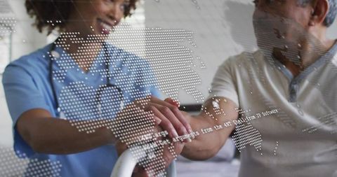 Nurse steadying senior patient holding bed rail with digital world map telemedicine overlay