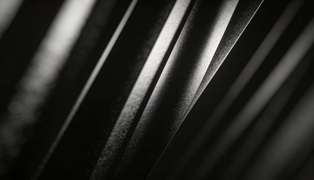 Diagonal Metal Slats Showing Textured Matte Grain, High-Contrast Monochrome Abstract
